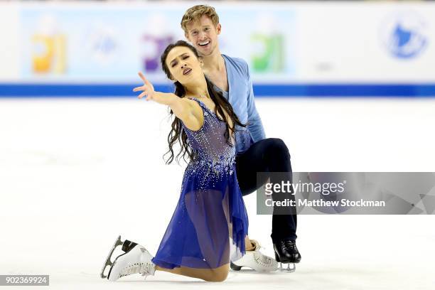 Madison Chock and Evan Bates compete in the Free Dance during the 2018 Prudential U.S. Figure Skating Championships at the SAP Center on January 7,...