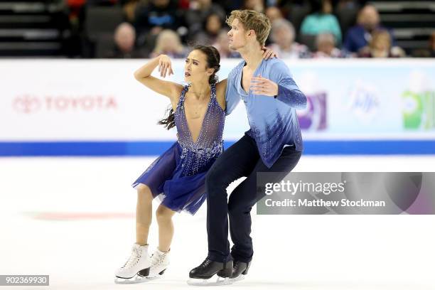 Madison Chock and Evan Bates compete in the Free Dance during the 2018 Prudential U.S. Figure Skating Championships at the SAP Center on January 7,...