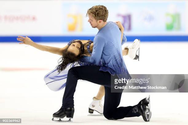 Madison Chock and Evan Bates compete in the Free Dance during the 2018 Prudential U.S. Figure Skating Championships at the SAP Center on January 7,...
