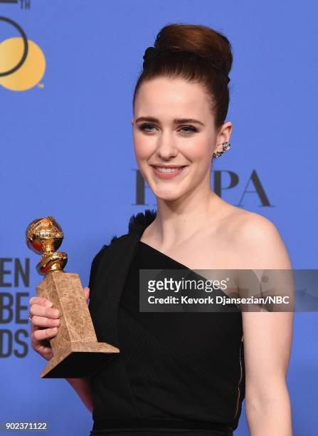 75th ANNUAL GOLDEN GLOBE AWARDS -- Pictured: Actress Rachel Brosnahan poses with the Best Performance by an Actress in a Television Series - Musical...