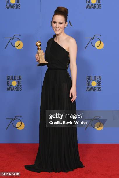 Actor Rachel Brosnahan poses with her award for Best Performance by an Actress in a Television Series Musical or Comedy for 'The Marvelous Mrs....