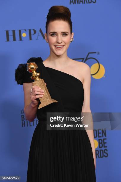 Actor Rachel Brosnahan poses with her award for Best Performance by an Actress in a Television Series Musical or Comedy for 'The Marvelous Mrs....