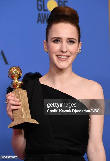 75th ANNUAL GOLDEN GLOBE AWARDS -- Pictured: Actor Rachel Brosnahan poses with the Best Performance by an Actress in a Television Series - Musical or...