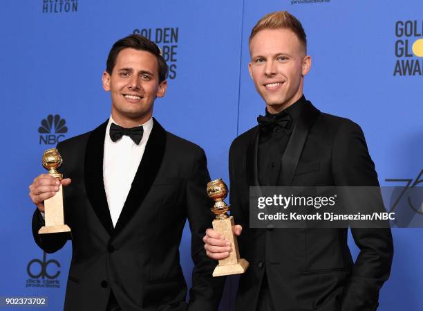 75th ANNUAL GOLDEN GLOBE AWARDS -- Pictured: Songwriter/ composers Benj Pasek and Justin Paul pose with the Best Original Song - Motion Picture award...