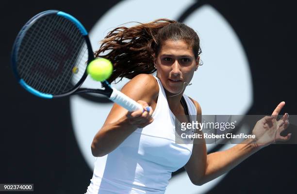 Jaimee Fourlis of Australia plays a forehand during her singles match against Nina Stojanovic of Serbia during 2018 Hobart International at Domain...