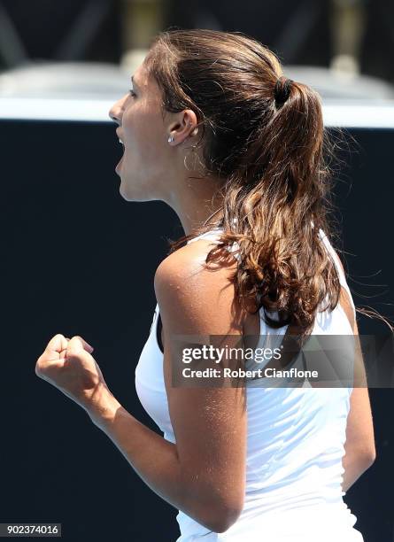 Jaimee Fourlis of Australia celebrates a point during her singles match against Nina Stojanovic of Serbia during 2018 Hobart International at Domain...