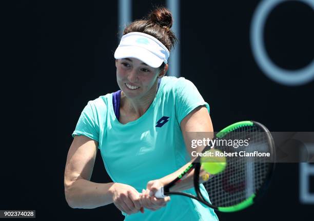 Nina Stojanovic of Serbia plays a backhand during her singles match against Jaimee Fourlis of Australia during 2018 Hobart International at Domain...