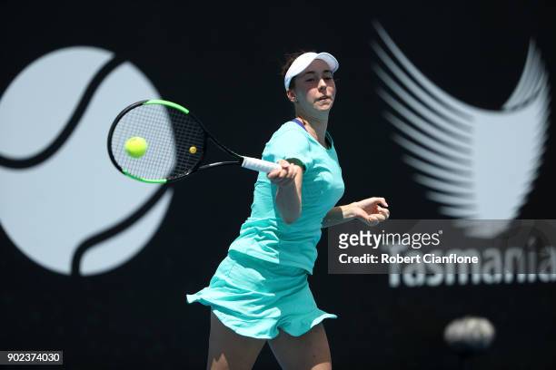 Nina Stojanovic of Serbia plays a forehand during her singles match against Jaimee Fourlis of Australia during 2018 Hobart International at Domain...