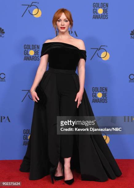 75th ANNUAL GOLDEN GLOBE AWARDS -- Pictured: Actor Christina Hendricks poses in the press room at the 75th Annual Golden Globe Awards held at the...