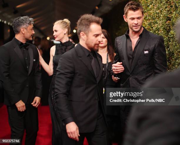 75th ANNUAL GOLDEN GLOBE AWARDS -- Pictured: Director Taika Waititi, actor Leslie Bibb, Sam Rockwell and Chris Hemsworth arrive to the 75th Annual...