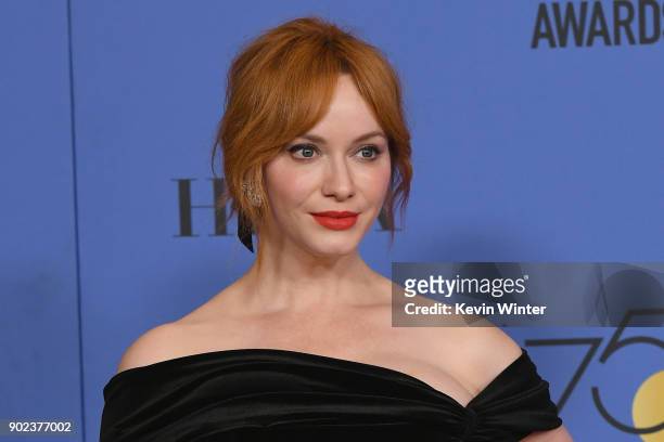 Actor Christina Hendricks poses in the press room during The 75th Annual Golden Globe Awards at The Beverly Hilton Hotel on January 7, 2018 in...