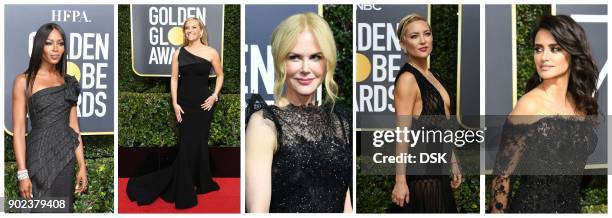 This five-picture series shows from left: model Naomi Campbell, actresses Reese Witherspoon, Nicole Kidman, Kate Hudson and Penelope Cruz dressed in...