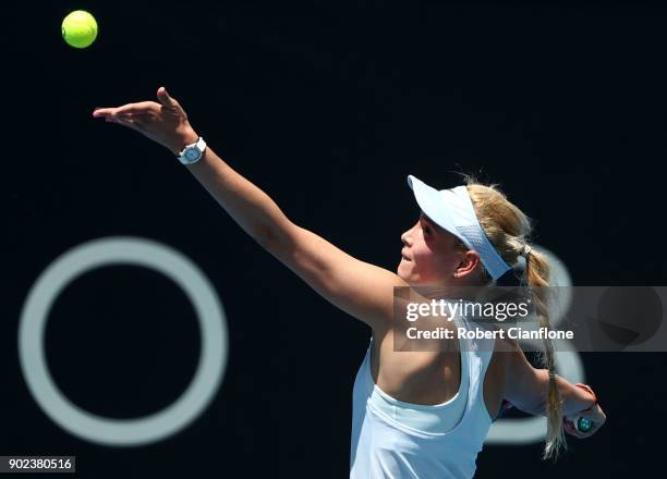 Donna Vekic of Croatia serves during her singles match against Sorana Cirstea of Romania during 2018 Hobart International at Domain Tennis Centre on...