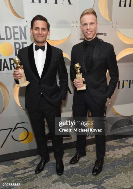 Songwriting duo Benj Pasek and Justin Paul celebrate The 75th Annual Golden Globe Awards with Moet & Chandon at The Beverly Hilton Hotel on January...