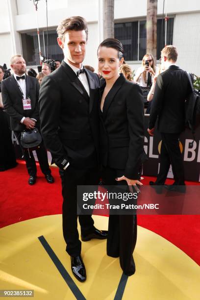 75th ANNUAL GOLDEN GLOBE AWARDS -- Pictured: Actors Matt Smith and Claire Foy arrive to the 75th Annual Golden Globe Awards held at the Beverly...