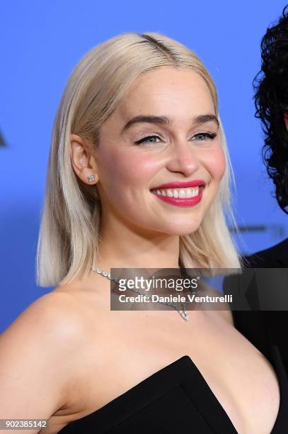 Actors Emilia Clarke poses in the press room during the 75th Annual Golden Globe Awards at The Beverly Hilton Hotel on January 7, 2018 in Beverly...