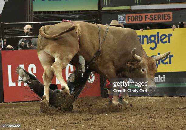 Stormy Wing is injured after being thrown from Clemon Time during the 2018 Professional Bull Riders Monster Energy Buck Off at the Garden at Madison...