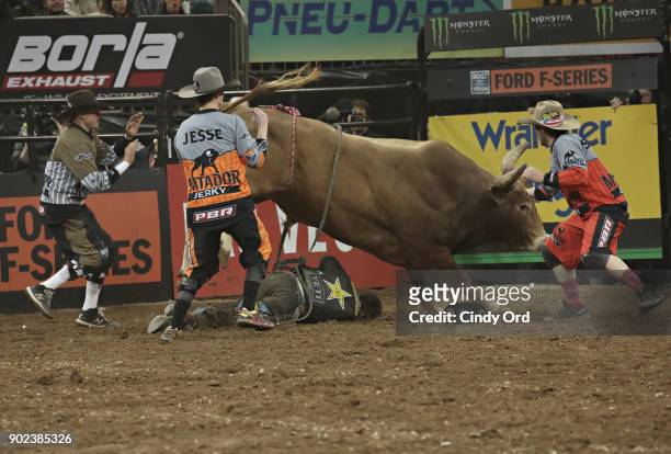 Stormy Wing is injured after being thrown from Clemon Time during the 2018 Professional Bull Riders Monster Energy Buck Off at the Garden at Madison...