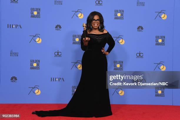 75th ANNUAL GOLDEN GLOBE AWARDS -- Pictured: Oprah Winfrey, recipient of the Cecil B. DeMille Award, poses in the press room at the 75th Annual...