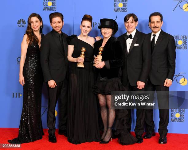 Marin Hinkle, Michael Zegen, Rachel Brosnahan, Amy Sherman-Palladino, Daniel Palladino and Tony Shalhoub pose with the award for Best Television...