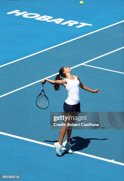 Jaimee Fourlis of Australia serves during her singles match against Nina Stojanovic of Serbia during 2018 Hobart International at Domain Tennis...