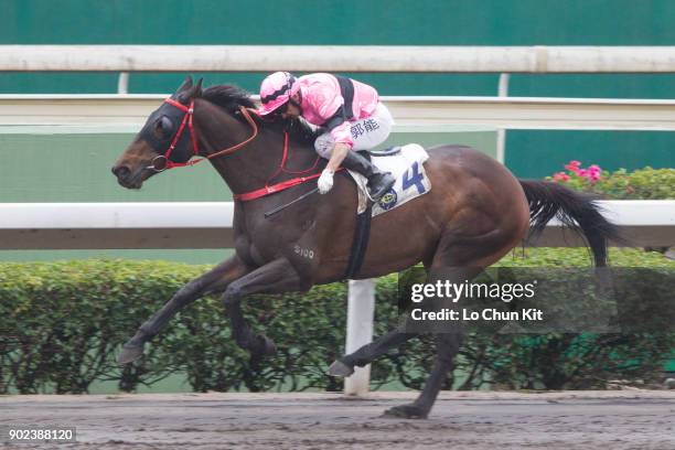 Jockey Neil Callan riding Sempiternal wins Race 2 Cineraria Handicap at Sha Tin racecourse on January 7, 2018 in Hong Kong, Hong Kong.