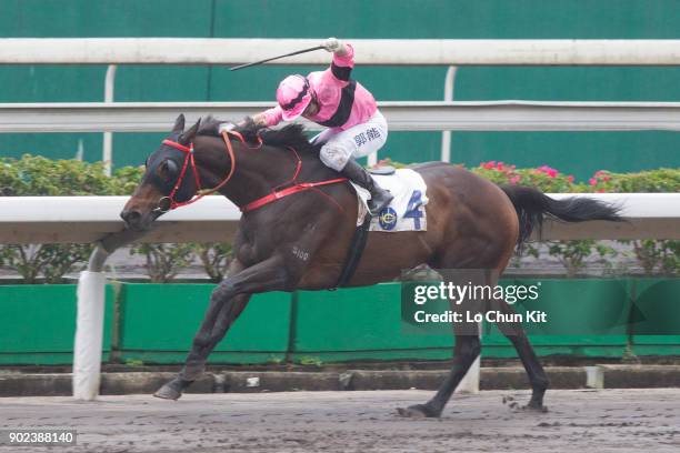 Jockey Neil Callan riding Sempiternal wins Race 2 Cineraria Handicap at Sha Tin racecourse on January 7, 2018 in Hong Kong, Hong Kong.