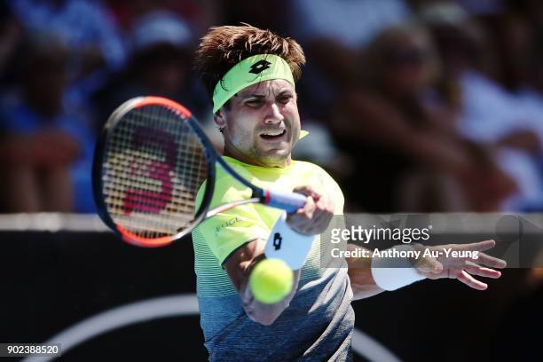 David Ferrer of Spain plays a forehand in his first round match against Yibing Wu of China during day one of the ASB Men's Classic at ASB Tennis...