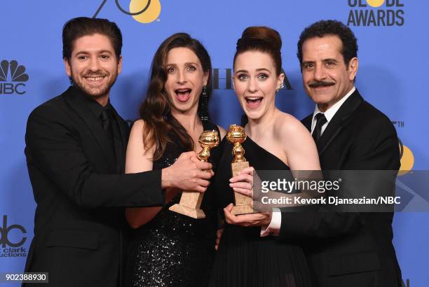 75th ANNUAL GOLDEN GLOBE AWARDS -- Pictured: Actors Michael Zegen, Marin Hinkle, Rachel Brosnahan and Tony Shalhoub pose with the Best Television...