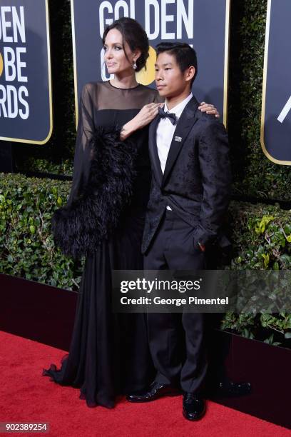 Actor/Director Angelina Jolie and son, Pax Thien Jolie-Pitt attend The 75th Annual Golden Globe Awards at The Beverly Hilton Hotel on January 7, 2018...