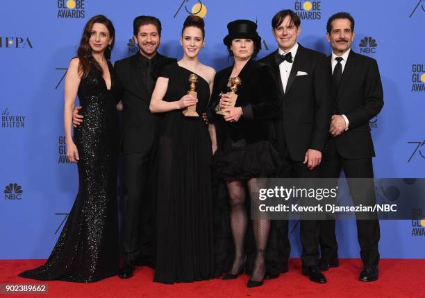 75th ANNUAL GOLDEN GLOBE AWARDS -- Pictured: Actors Marin Hinkle, Michael Zegen, Rachel Brosnahan, fillmmakers Amy Sherman-Palladino, Daniel...