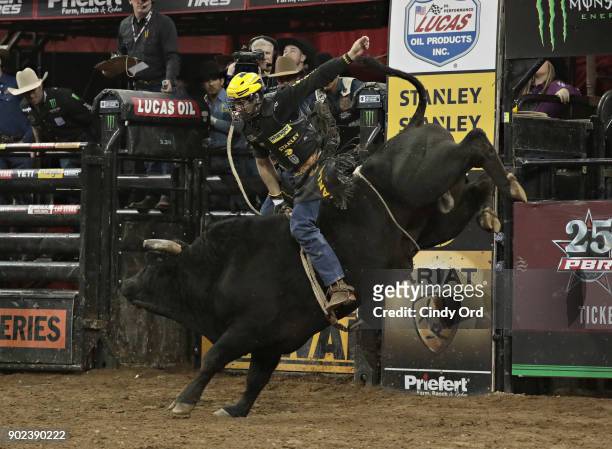 Silvano Alves rides during the 2018 Professional Bull Riders Monster Energy Buck Off at the Garden at Madison Square Garden on January 7, 2018 in New...