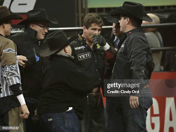 Stormy Wing is injured after being thrown from Clemon Time during the 2018 Professional Bull Riders Monster Energy Buck Off at the Garden at Madison...