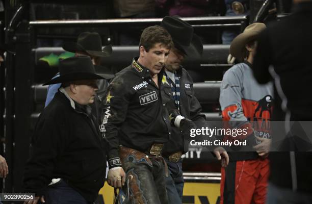 Stormy Wing is injured after being thrown from Clemon Time during the 2018 Professional Bull Riders Monster Energy Buck Off at the Garden at Madison...