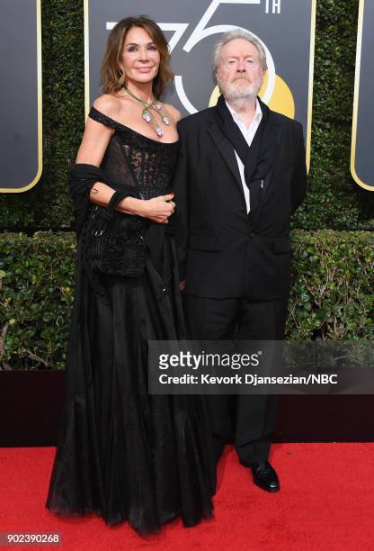 75th ANNUAL GOLDEN GLOBE AWARDS -- Pictured: Director Ridley Scott and Giannina Facio arrive to the 75th Annual Golden Globe Awards held at the...