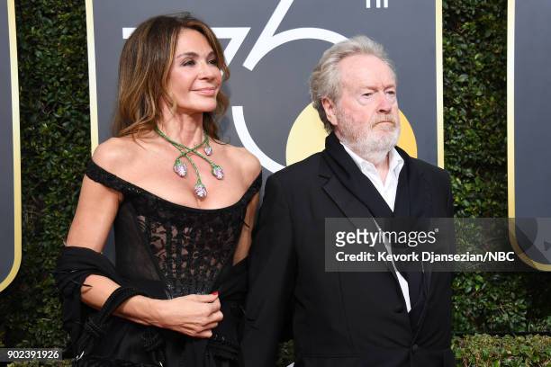 75th ANNUAL GOLDEN GLOBE AWARDS -- Pictured: Director Ridley Scott and Giannina Facio arrive to the 75th Annual Golden Globe Awards held at the...