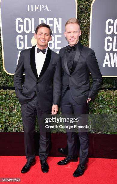 Songwriting duo Benj Pasek and Justin Paul attend The 75th Annual Golden Globe Awards at The Beverly Hilton Hotel on January 7, 2018 in Beverly...