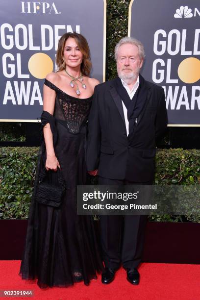 Giannina Facio and producer/director Ridley Scott attend The 75th Annual Golden Globe Awards at The Beverly Hilton Hotel on January 7, 2018 in...