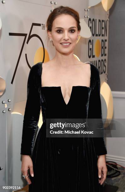 Actor Natalie Portman celebrates The 75th Annual Golden Globe Awards with Moet & Chandon at The Beverly Hilton Hotel on January 7, 2018 in Beverly...