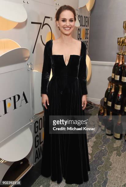 Actor Natalie Portman celebrates The 75th Annual Golden Globe Awards with Moet & Chandon at The Beverly Hilton Hotel on January 7, 2018 in Beverly...