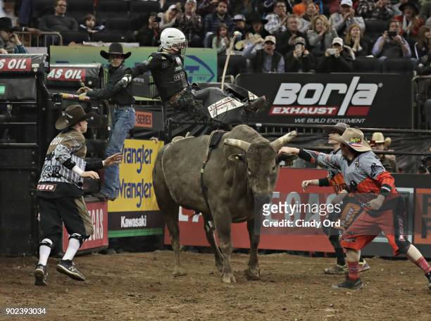 Gage Gay completes his winning ride during the 2018 Professional Bull Riders Monster Energy Buck Off at the Garden at Madison Square Garden on...