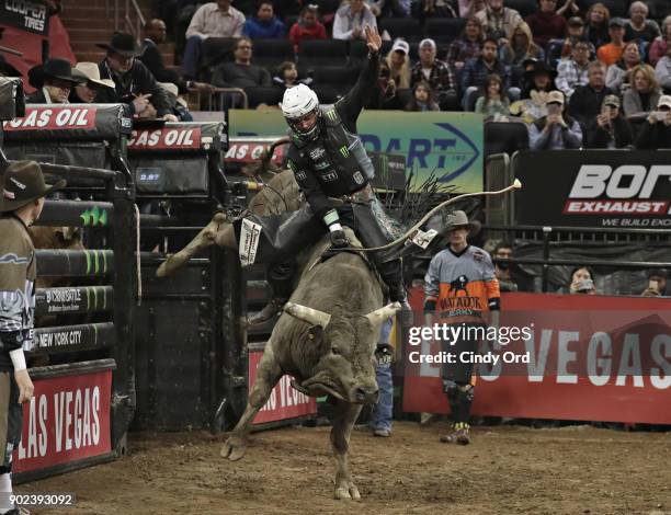 Gage Gay completes his winning ride during the 2018 Professional Bull Riders Monster Energy Buck Off at the Garden at Madison Square Garden on...