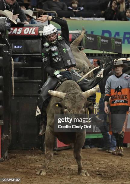 Gage Gay completes his winning ride during the 2018 Professional Bull Riders Monster Energy Buck Off at the Garden at Madison Square Garden on...