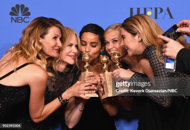 75th ANNUAL GOLDEN GLOBE AWARDS -- Pictured: Actors Laura Dern, Nicole Kidman, Zoë Kravitz, Reese Witherspoon and Shailene Woodley pose with the Best...