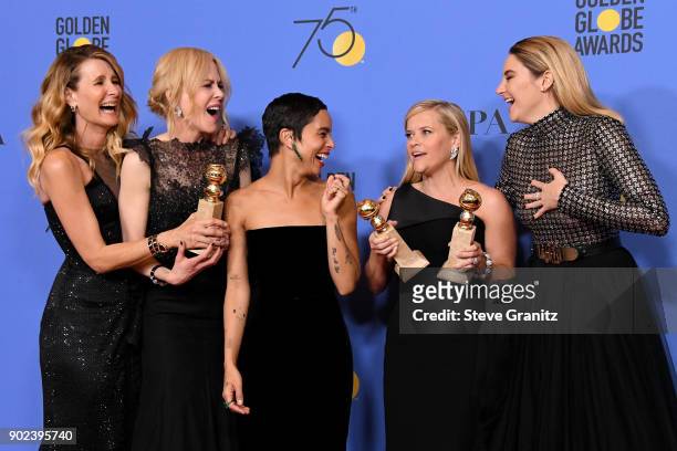 Actors Laura Dern, Nicole Kidman, Zoe Kravitz, Reese Witherspoon and Shailene Woodley of 'Big Little Lies,' winner of the award for Best Television...