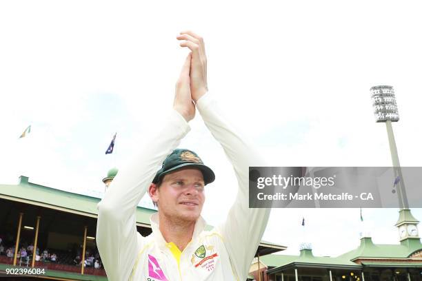 Steve Smith of Australia applauds the crowd after winning the fifth test and series during day five of the Fifth Test match in the 2017/18 Ashes...