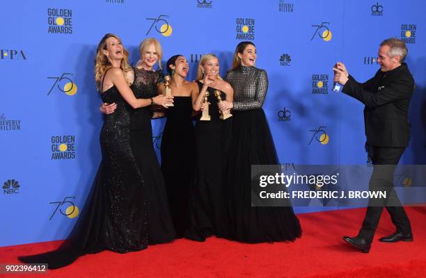 Actresses Laura Dern, Nicole Kidman, Zoe Kravitz, Reese Witherspoon and Shailene Woodley pose for director Jean-Marc Vallee with the Best Television...
