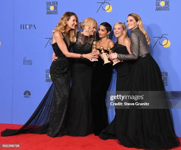 Actors Laura Dern, Nicole Kidman, Zoe Kravitz, Reese Witherspoon and Shailene Woodley of 'Big Little Lies,' winner of the award for Best Television...