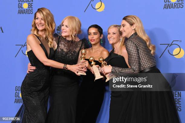 Actors Laura Dern, Nicole Kidman, Zoe Kravitz, Reese Witherspoon and Shailene Woodley of 'Big Little Lies,' winner of the award for Best Television...