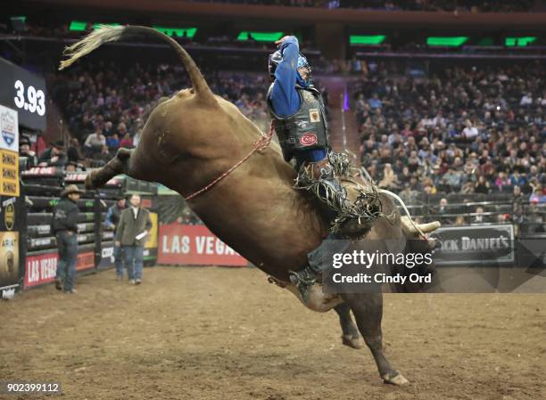 Ryan Direater rides during the 2018 Professional Bull Riders Monster Energy Buck Off at the Garden at Madison Square Garden on January 7, 2018 in New...